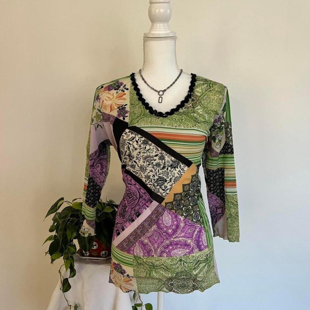 Y2K Semi-sheer Micromesh Sequin Patchwork Paisley Whimsygoth 3/4 Sleeve Top